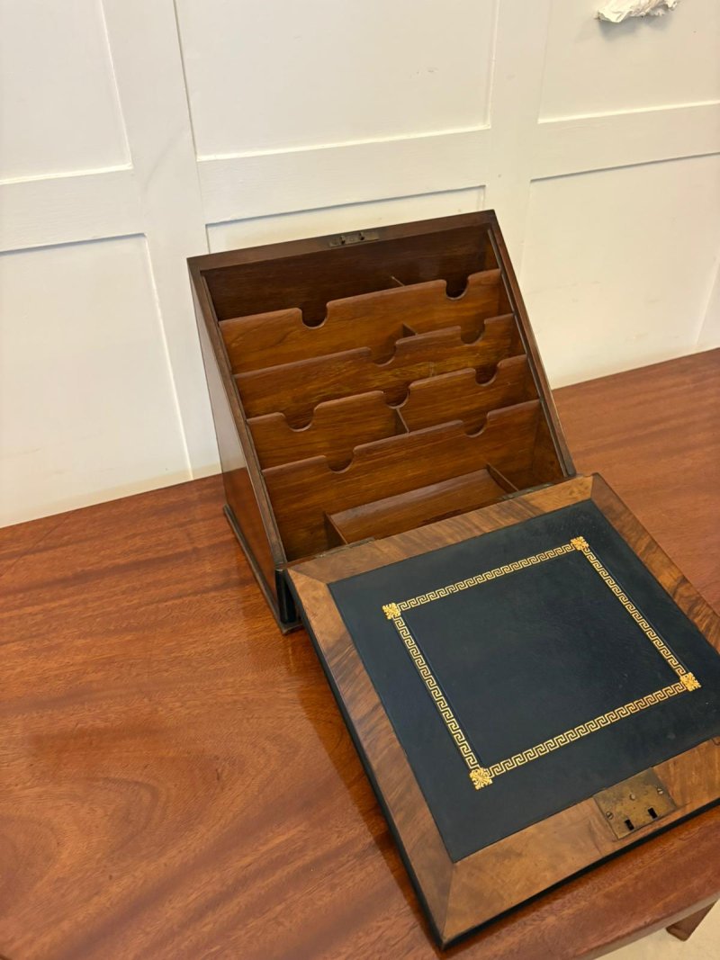 Unusual Antique Victorian Quality Burr Walnut Brass Mounted Stationery Box - Image 4